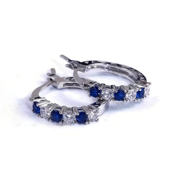 Sapphire & Diamond Silver Toned Hoop Earrings - Picture 3 of 4